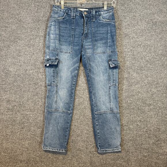 KanCan Jeans Women 3/25 Blue High Rise Avery Straight Cargo Utility Pockets - Picture 1 of 11